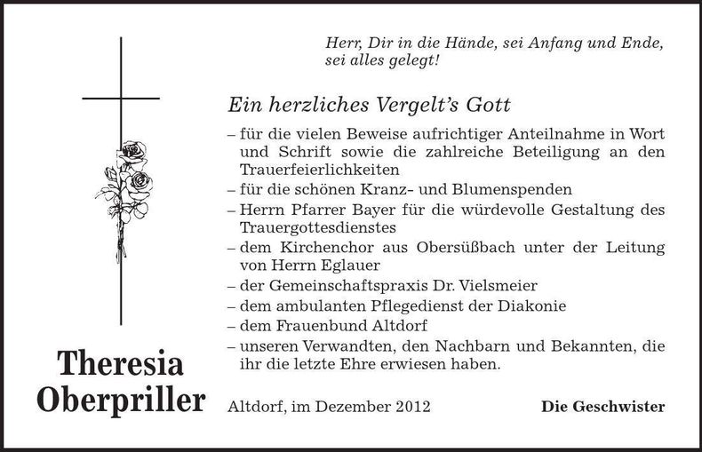 Traueranzeige Theresia Operpriller