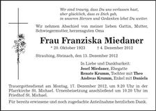 Traueranzeige Franziska Miedaner