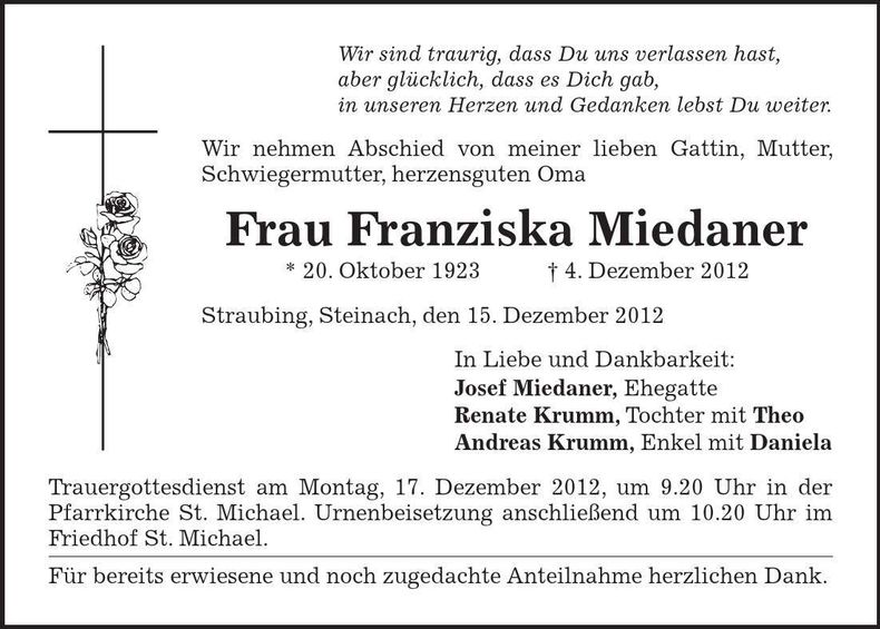 Traueranzeige Franziska Miedaner