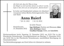 Traueranzeige Anna Baierl