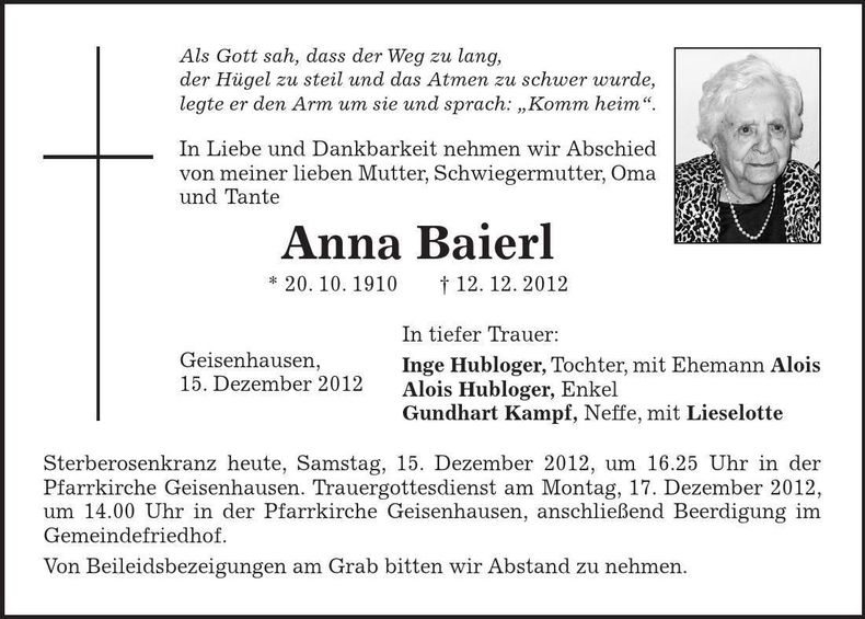 Traueranzeige Anna Baierl