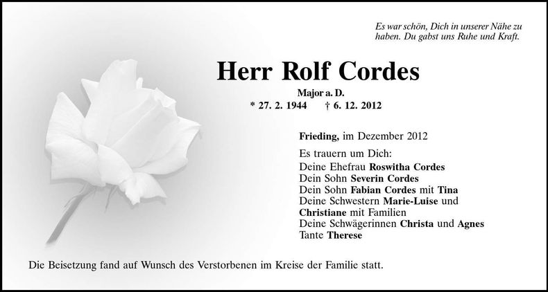 Traueranzeige Rolf Cordes