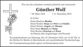 Traueranzeige Günther Wolf
