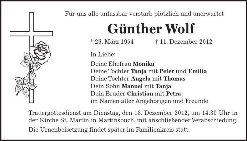 Traueranzeige Günther Wolf