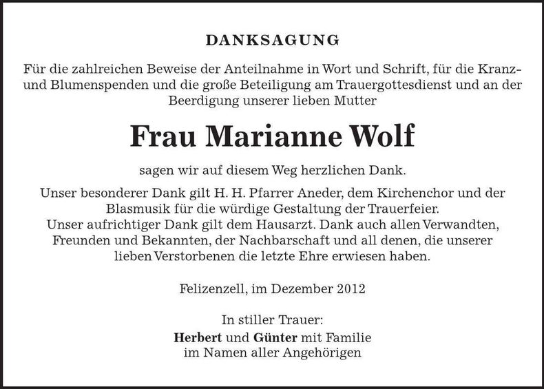 Traueranzeige Marianne Wolf