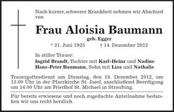 Traueranzeige Aloisia Baumann