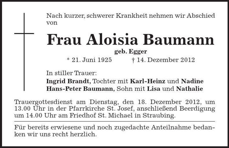 Traueranzeige Aloisia Baumann
