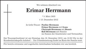 Traueranzeige Erimar Herrmann