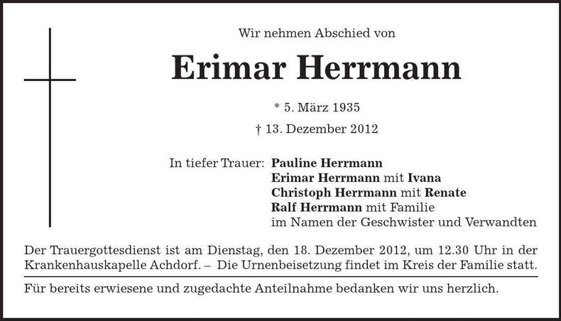 Traueranzeige Erimar Herrmann