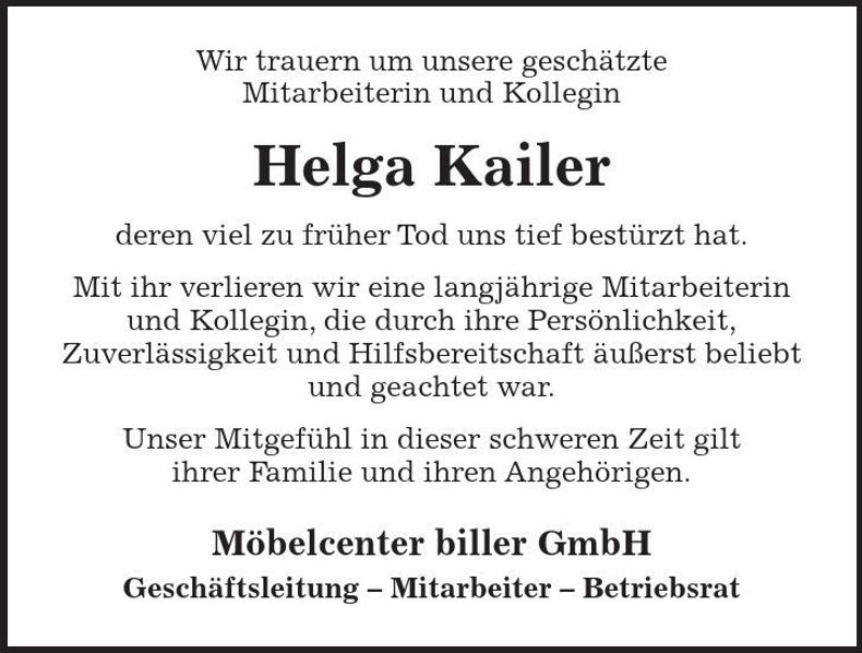 Traueranzeige Helga Kailer