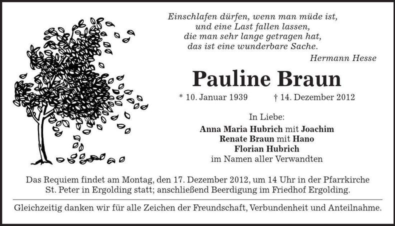 Traueranzeige Pauline Braun