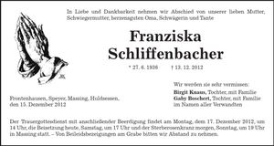 Traueranzeige Franziska Schliffenbacher