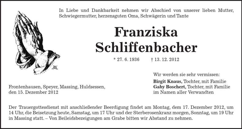 Traueranzeige Franziska Schliffenbacher