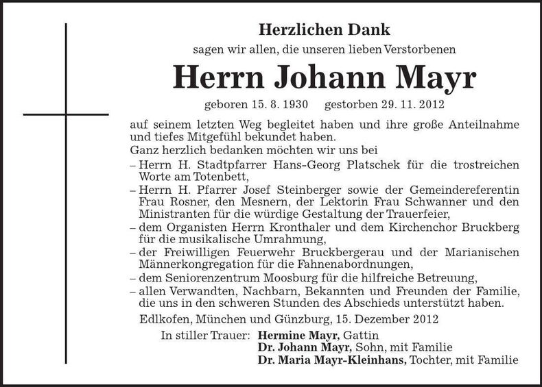 Traueranzeige Johann Mayr