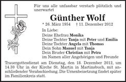 Traueranzeige Günther Wolf