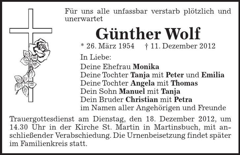 Traueranzeige Günther Wolf