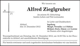 Traueranzeige Alfred Zieglgruber