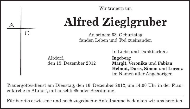 Traueranzeige Alfred Zieglgruber