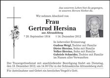Traueranzeige Gertrud Hersina