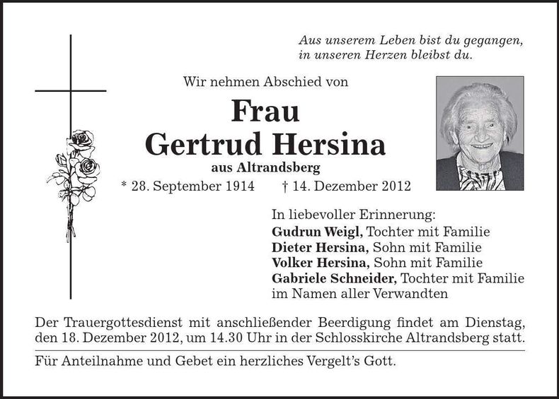 Traueranzeige Gertrud Hersina