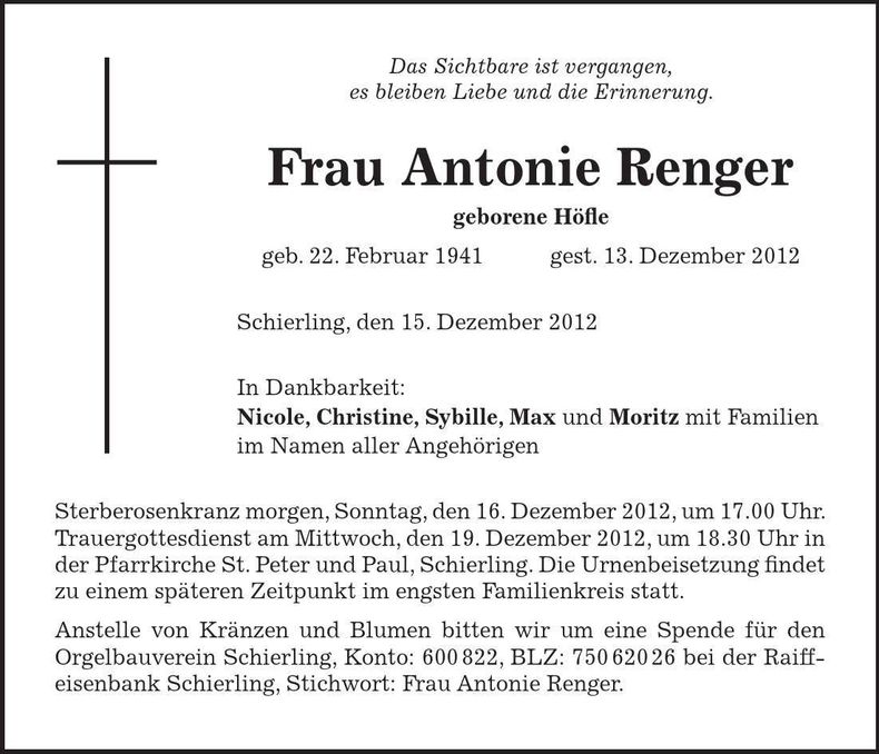 Traueranzeige Antonie Renger