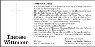 Traueranzeige Therese Wittmann