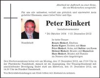Traueranzeige Peter Binkert