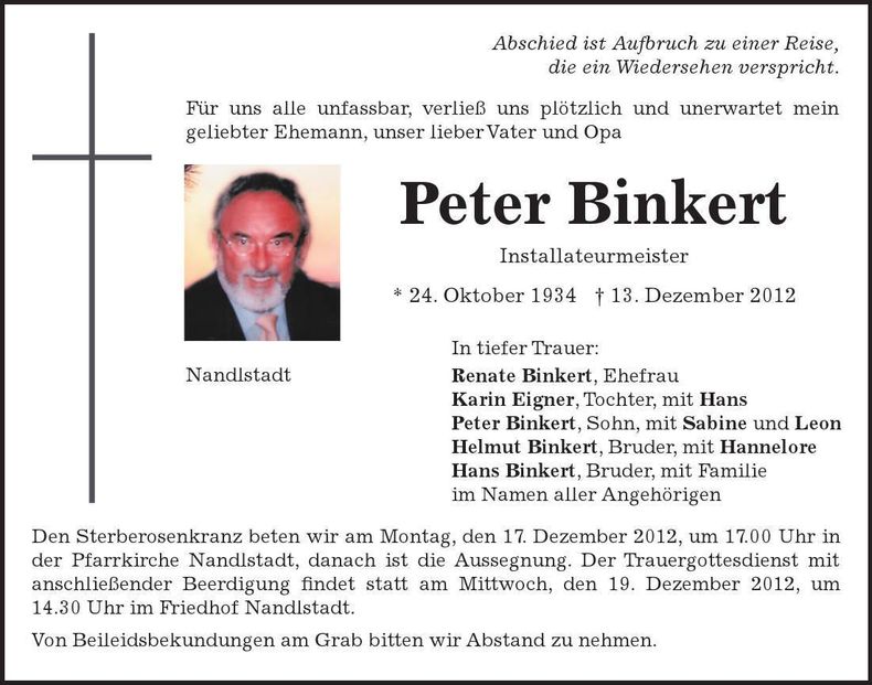 Traueranzeige Peter Binkert