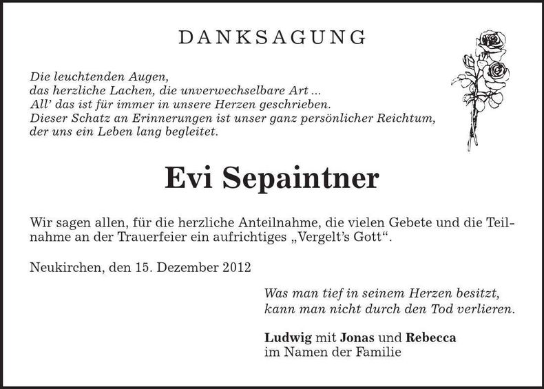 Traueranzeige Evi Sepaintner