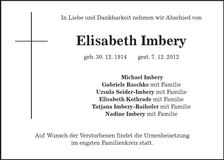 Traueranzeige Elisabeth Imbery