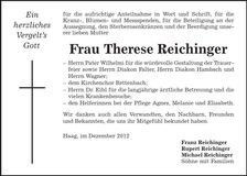 Traueranzeige Therese Reichinger