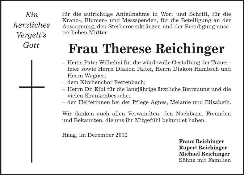 Traueranzeige Therese Reichinger