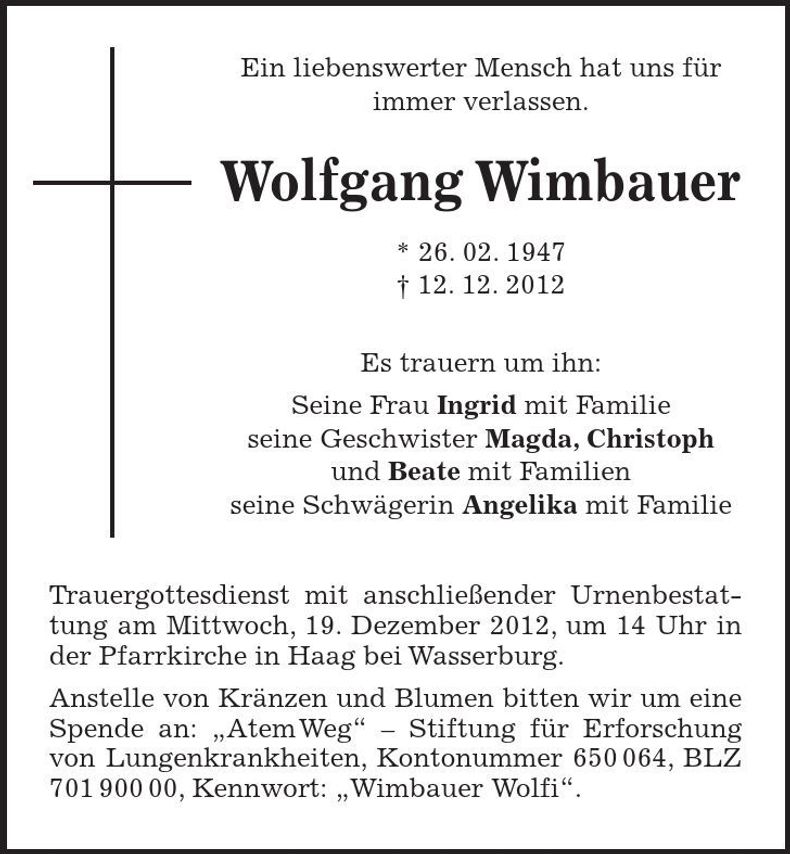 Traueranzeige Wolfgang Wimbauer