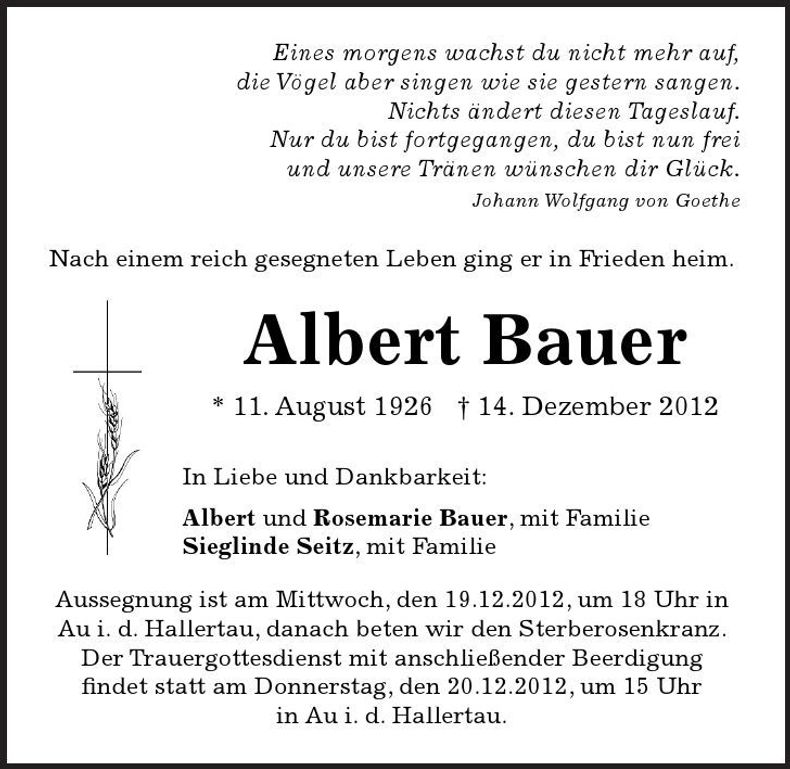 Traueranzeige Albert Bauer