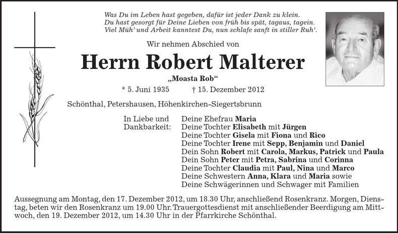Traueranzeige Robert Malterer