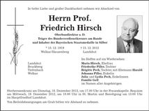 Traueranzeige Friedrich Hirsch