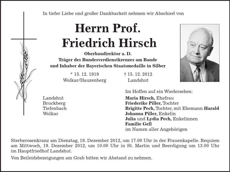 Traueranzeige Friedrich Hirsch