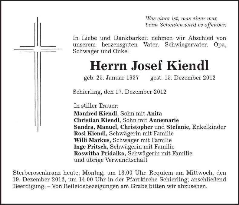 Traueranzeige Josef Kiendl