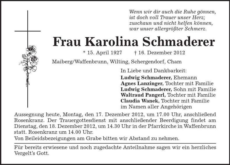 Traueranzeige Karolina Schmaderer