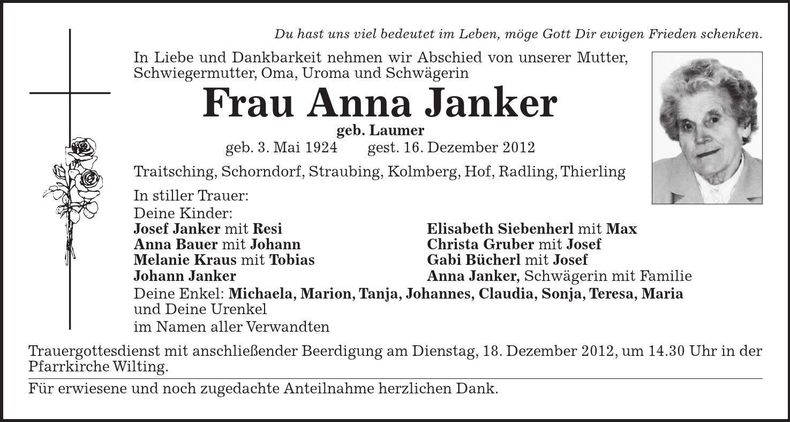 Traueranzeige Anna Janker
