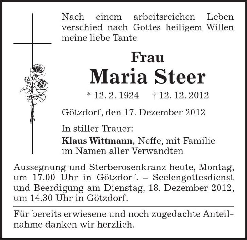 Traueranzeige Maria Steer