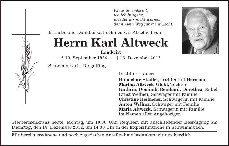 Traueranzeige Karl Altweck