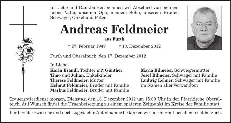 Traueranzeige Andreas Feldmeier