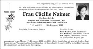 Traueranzeige Cäcilie Naimer