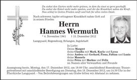 Traueranzeige Hannes Wermuth