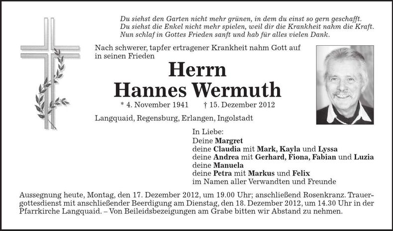 Traueranzeige Hannes Wermuth