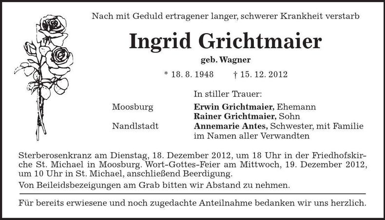 Traueranzeige Ingrid Grichtmaier