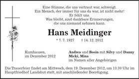 Traueranzeige Hans Meidinger