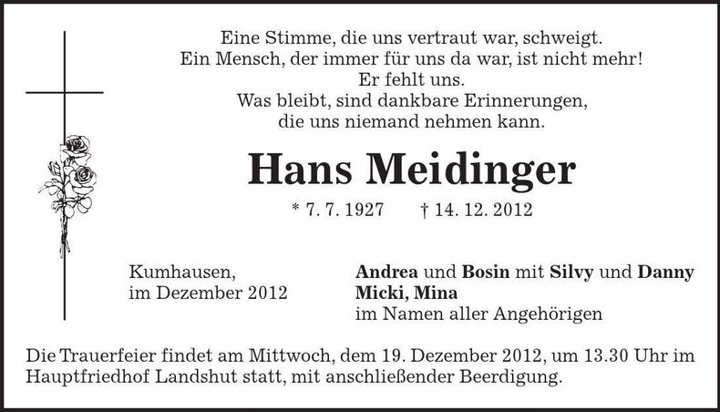 Traueranzeige Hans Meidinger