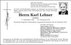 Traueranzeige Karl Lehner
